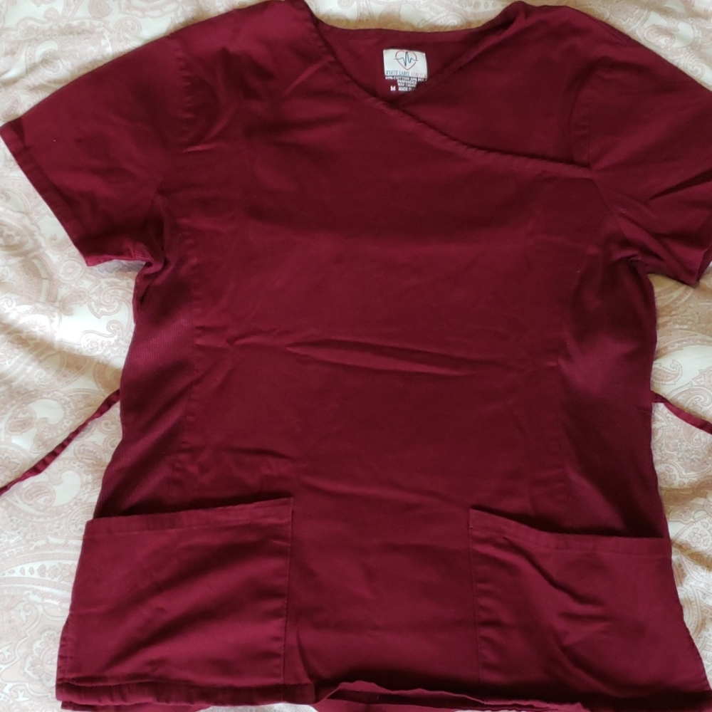 Wine Mock Wrap stretch Scrub Top M